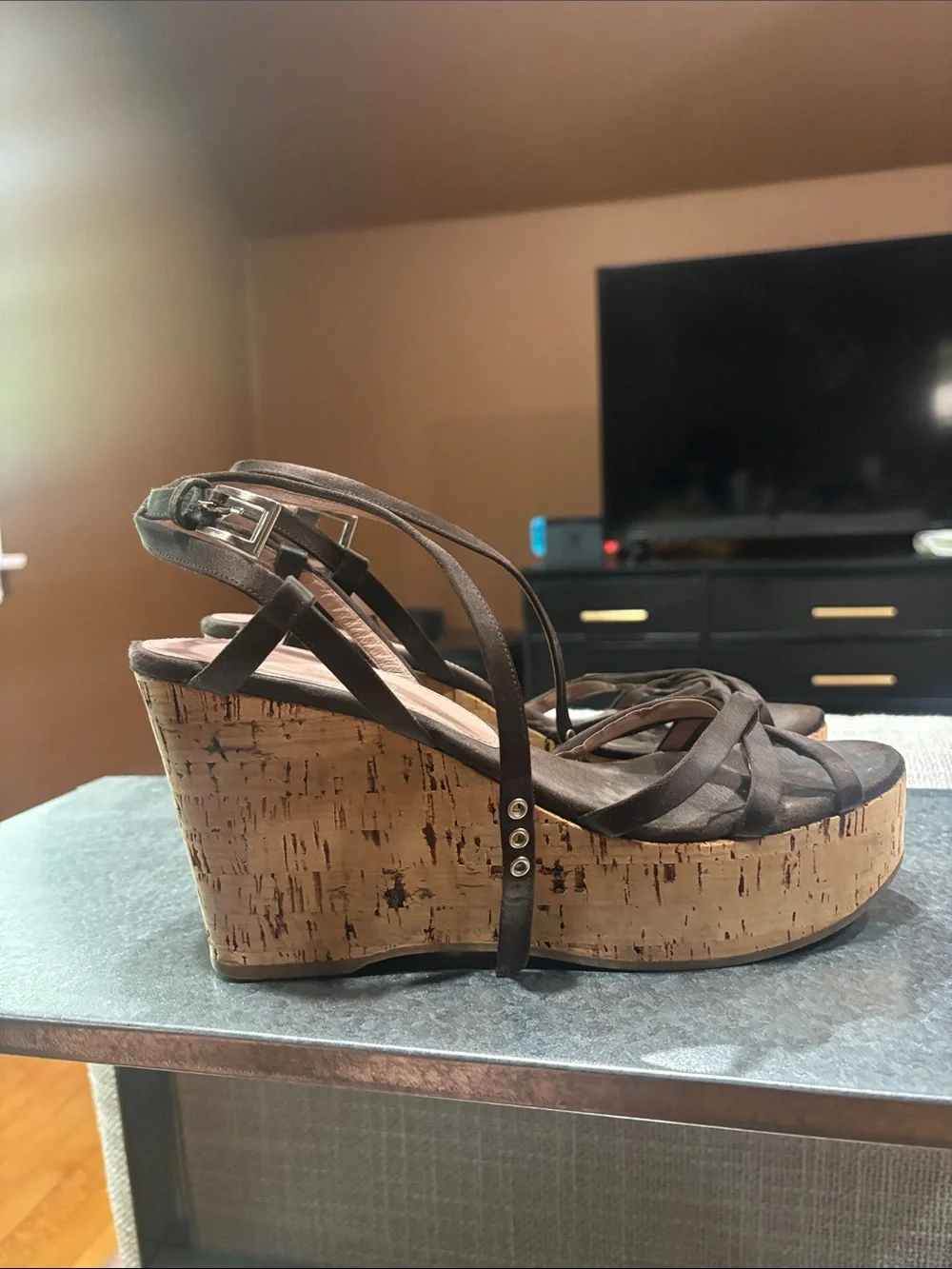 Womens Prada Brown Cork Wedge Sandals - Platform Strappy Heels